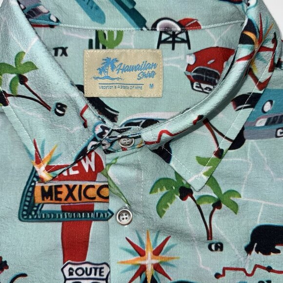 VTG Hawaiian Shirts Mens M Blue Route 66 Cars Short Sleeve Button Up Aloha - Picture 4 of 6